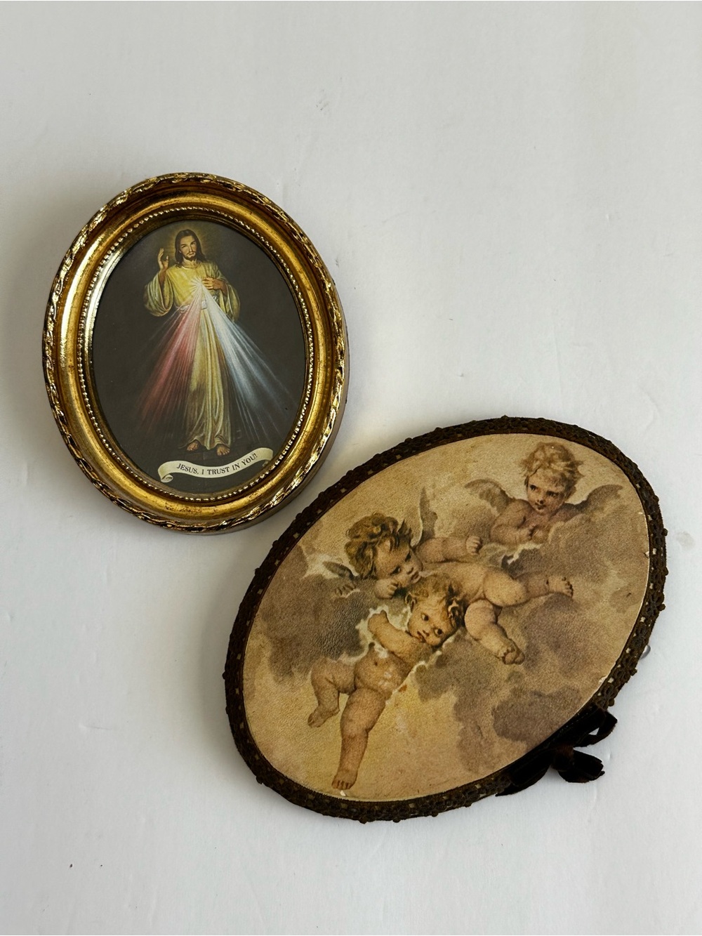 Religious Wall Art Pair - Gold Oval Jesus & Cherub Angels